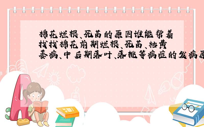 棉花烂根、死苗的原因谁能帮着找找棉花前期烂根、死苗、枯黄萎病、中后期落叶、落桃等病症的发病原因?最好能有详细、对路的回答