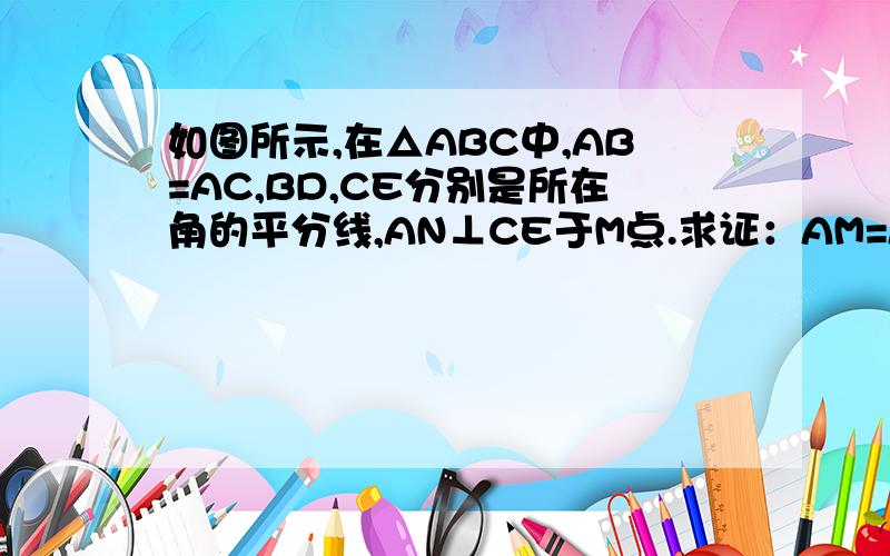 如图所示,在△ABC中,AB=AC,BD,CE分别是所在角的平分线,AN⊥CE于M点.求证：AM=AN.