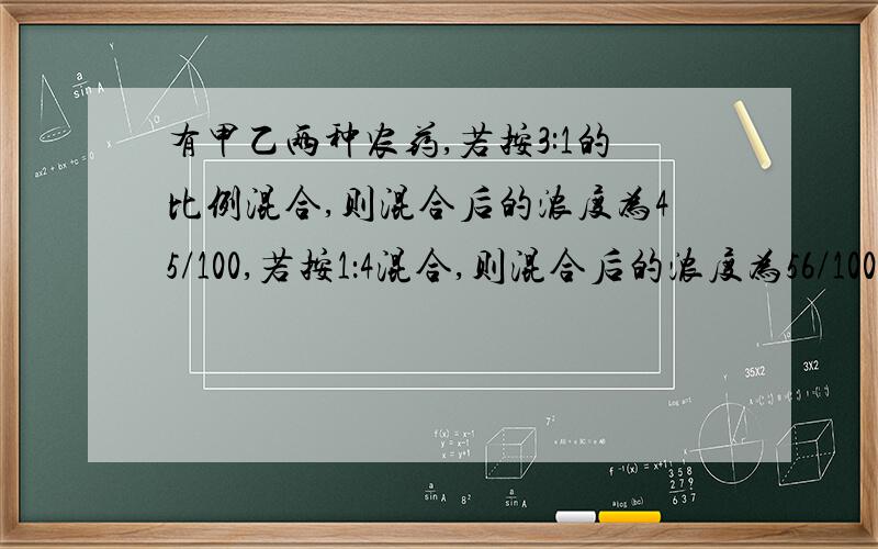 有甲乙两种农药,若按3:1的比例混合,则混合后的浓度为45/100,若按1：4混合,则混合后的浓度为56/100.