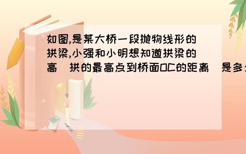 如图,是某大桥一段抛物线形的拱梁,小强和小明想知道拱梁的高（拱的最高点到桥面OC的距离）是多少