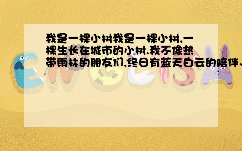 我是一棵小树我是一棵小树,一棵生长在城市的小树.我不像热带雨林的朋友们,终日有蓝天白云的陪伴、小鸟的歌唱.我的生活总是烟