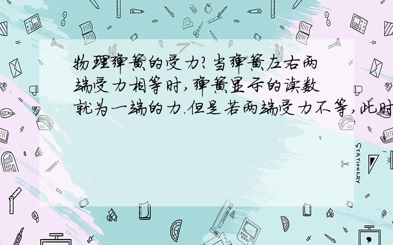 物理弹簧的受力?当弹簧左右两端受力相等时,弹簧显示的读数就为一端的力.但是若两端受力不等,此时弹簧作加速运动,问此时弹簧