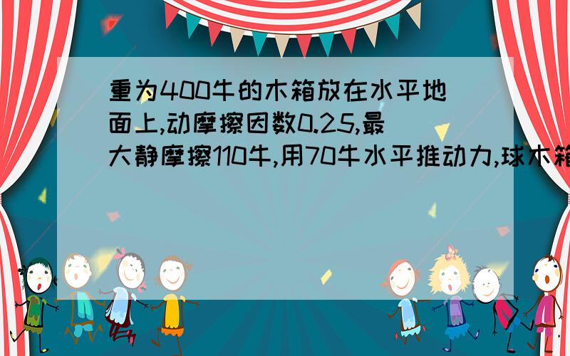 重为400牛的木箱放在水平地面上,动摩擦因数0.25,最大静摩擦110牛,用70牛水平推动力,球木箱所受