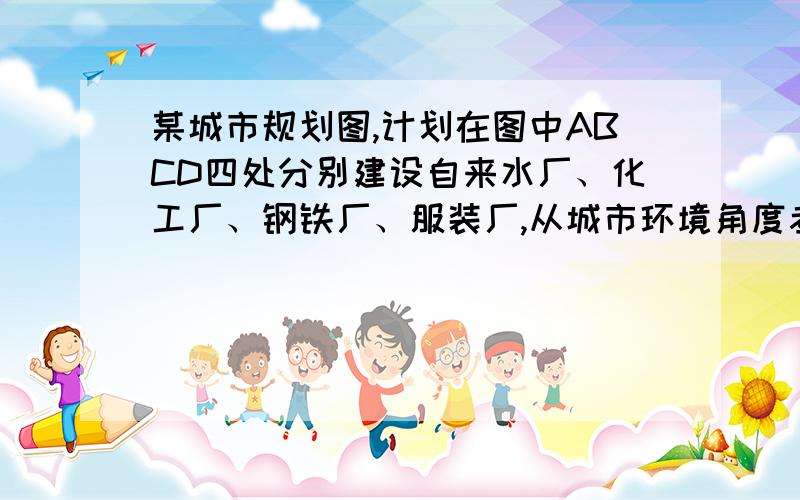 某城市规划图,计划在图中ABCD四处分别建设自来水厂、化工厂、钢铁厂、服装厂,从城市环境角度考虑应该如何布局?理由是什么