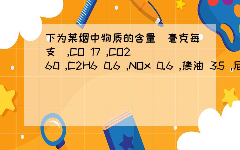 下为某烟中物质的含量(毫克每支）,CO 17 ,CO2 60 ,C2H6 0.6 ,NOx 0.6 ,焦油 35 ,尼古