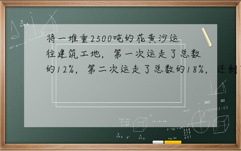 将一堆重2500吨的花黄沙运往建筑工地，第一次运走了总数的12%，第二次运走了总数的18%，还剩下多少吨？