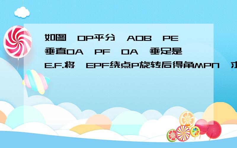 如图,OP平分∠AOB,PE垂直OA,PF⊥OA,垂足是E.F.将∠EPF绕点P旋转后得角MPN,求①PM=PN,②若O