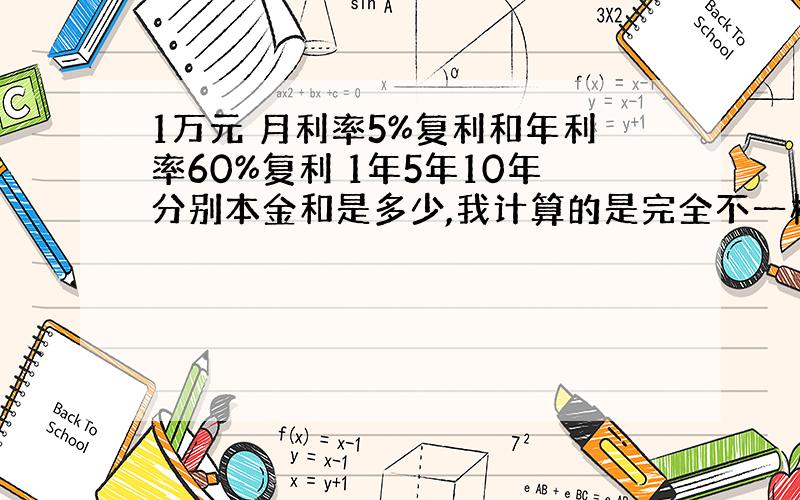 1万元 月利率5%复利和年利率60%复利 1年5年10年分别本金和是多少,我计算的是完全不一样的,为何会这样?