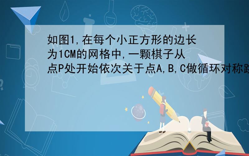 如图1,在每个小正方形的边长为1CM的网格中,一颗棋子从点P处开始依次关于点A,B,C做循环对称跳动,即第一次跳到点P关