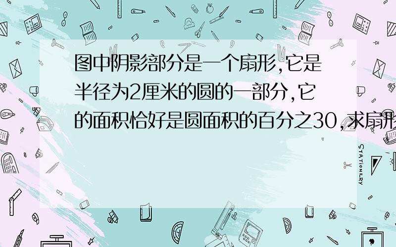 图中阴影部分是一个扇形,它是半径为2厘米的圆的一部分,它的面积恰好是圆面积的百分之30,求扇形的周长