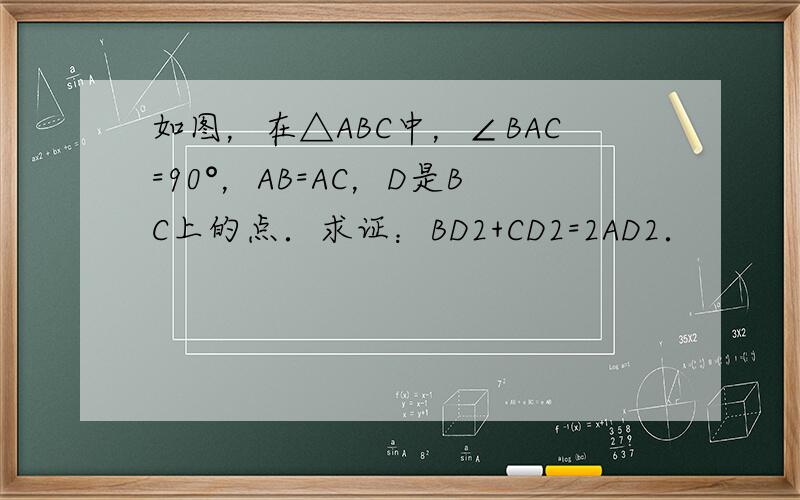 如图，在△ABC中，∠BAC=90°，AB=AC，D是BC上的点．求证：BD2+CD2=2AD2．