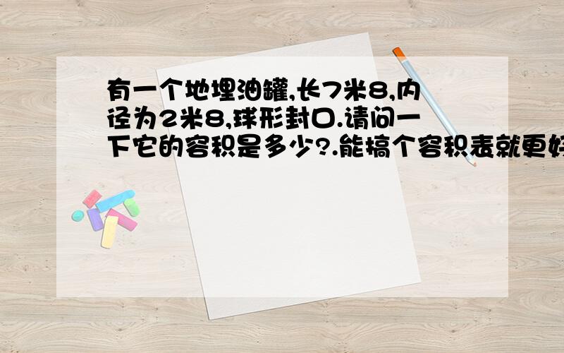 有一个地埋油罐,长7米8,内径为2米8,球形封口.请问一下它的容积是多少?.能搞个容积表就更好啦