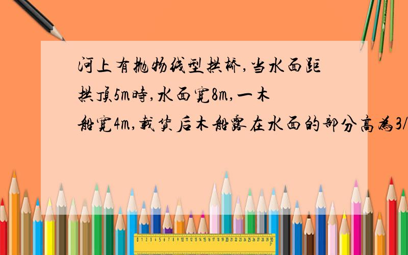 河上有抛物线型拱桥,当水面距拱顶5m时,水面宽8m,一木船宽4m,载货后木船露在水面的部分高为3/4m,问水面上涨到与抛