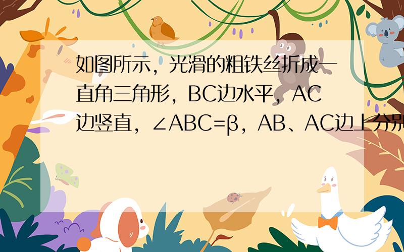 如图所示，光滑的粗铁丝折成一直角三角形，BC边水平，AC边竖直，∠ABC=β，AB、AC边上分别套有细线系着的铜环，细线