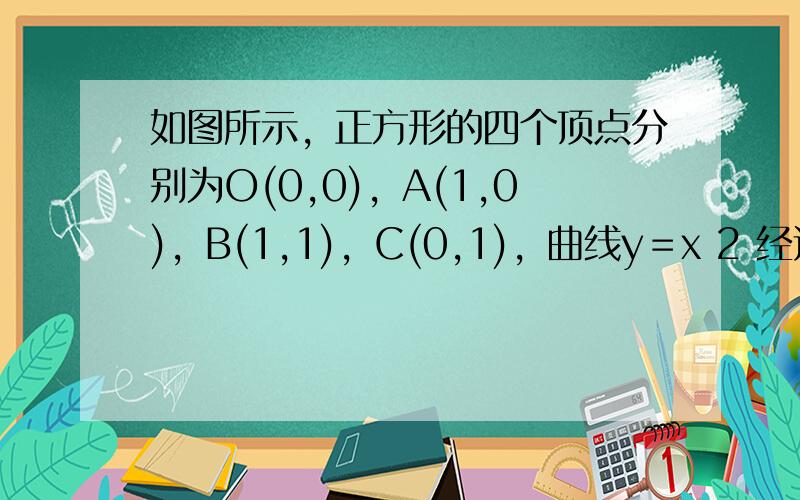 如图所示，正方形的四个顶点分别为O(0,0)，A(1,0)，B(1,1)，C(0,1)，曲线y＝x 2 经过点B，现将一