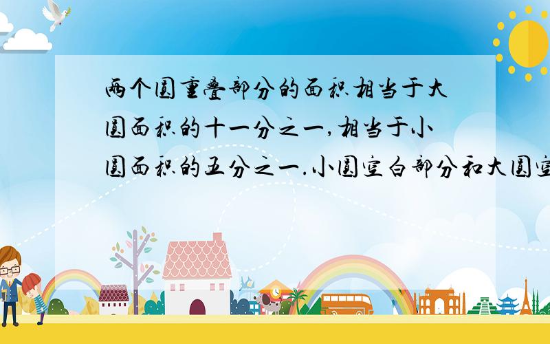 两个圆重叠部分的面积相当于大圆面积的十一分之一,相当于小圆面积的五分之一.小圆空白部分和大圆空白部分的最简整数比是多少?