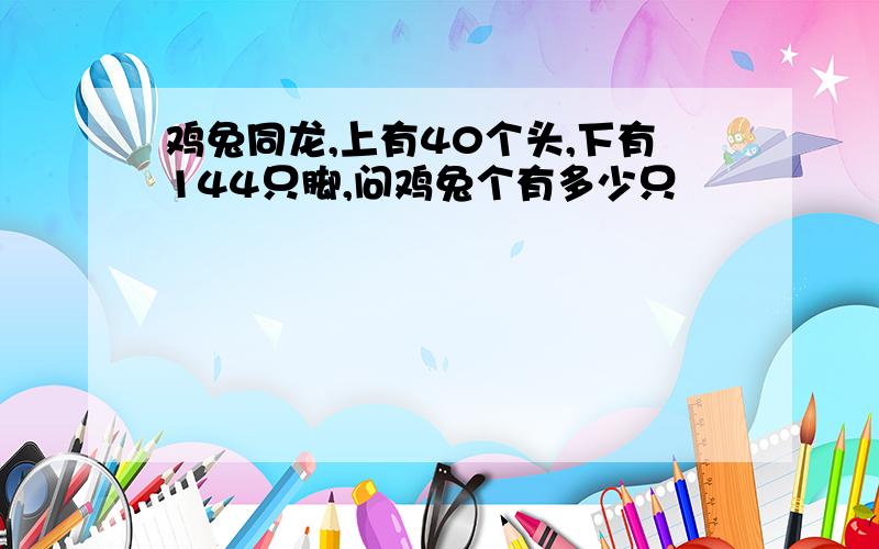 鸡兔同龙,上有40个头,下有144只脚,问鸡兔个有多少只