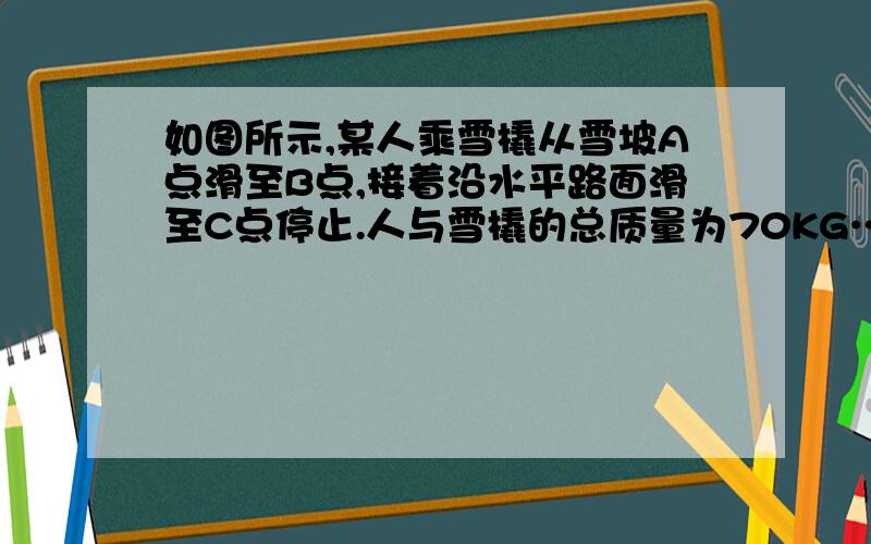 如图所示,某人乘雪橇从雪坡A点滑至B点,接着沿水平路面滑至C点停止.人与雪橇的总质量为70KG……