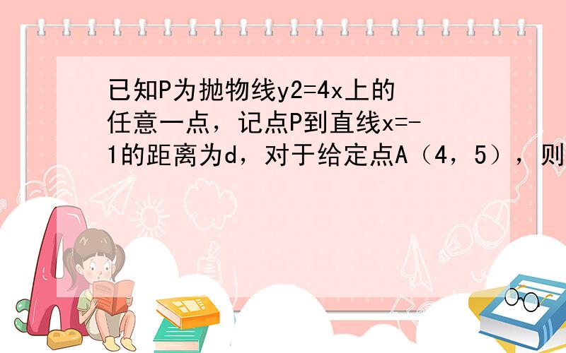 已知P为抛物线y2=4x上的任意一点，记点P到直线x=-1的距离为d，对于给定点A（4，5），则|PA|+d的最小值为3