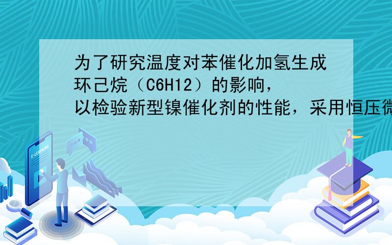 为了研究温度对苯催化加氢生成环己烷（C6H12）的影响，以检验新型镍催化剂的性能，采用恒压微型反应装置进行如下实验，在反