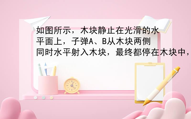 如图所示，木块静止在光滑的水平面上，子弹A、B从木块两侧同时水平射入木块，最终都停在木块中，这一过程中木块始终保持静止.