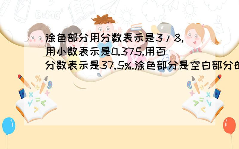 涂色部分用分数表示是3/8,用小数表示是0.375,用百分数表示是37.5%.涂色部分是空白部分的（）,如果写成百分数就