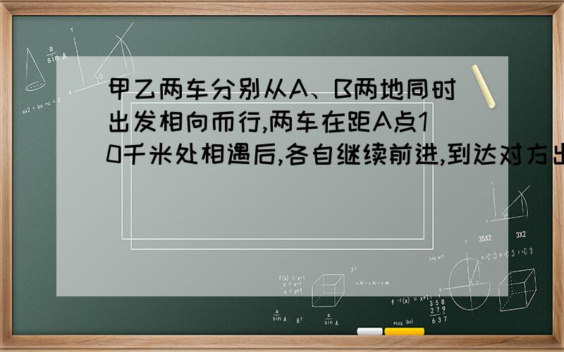 甲乙两车分别从A、B两地同时出发相向而行,两车在距A点10千米处相遇后,各自继续前进,到达对方出发点后又立即返回,从B地