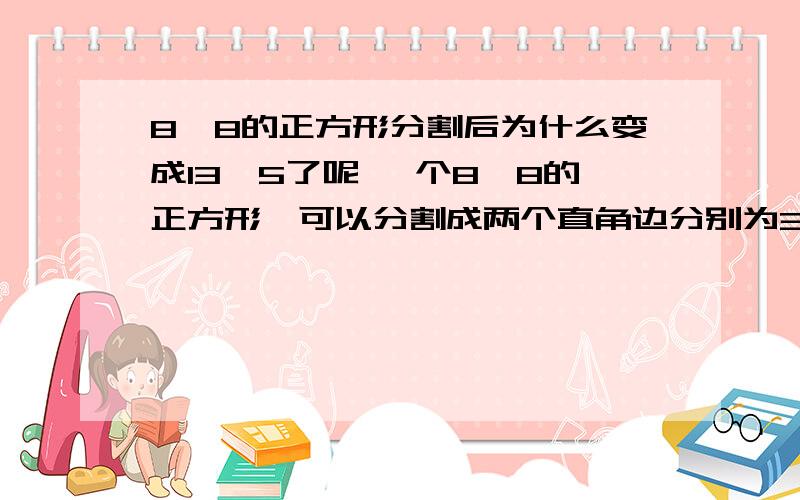 8*8的正方形分割后为什么变成13*5了呢 一个8*8的正方形,可以分割成两个直角边分别为3和8的直角三角形,与