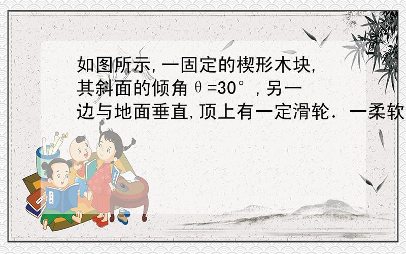 如图所示,一固定的楔形木块,其斜面的倾角θ=30°,另一边与地面垂直,顶上有一定滑轮．一柔软的细线跨过定滑轮,两端分别与