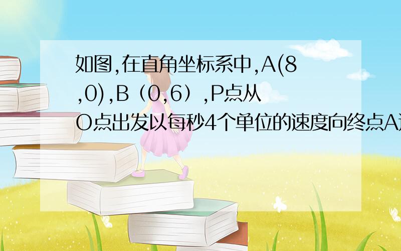 如图,在直角坐标系中,A(8,0),B（0,6）,P点从O点出发以每秒4个单位的速度向终点A运动,同时,Q点从B点出