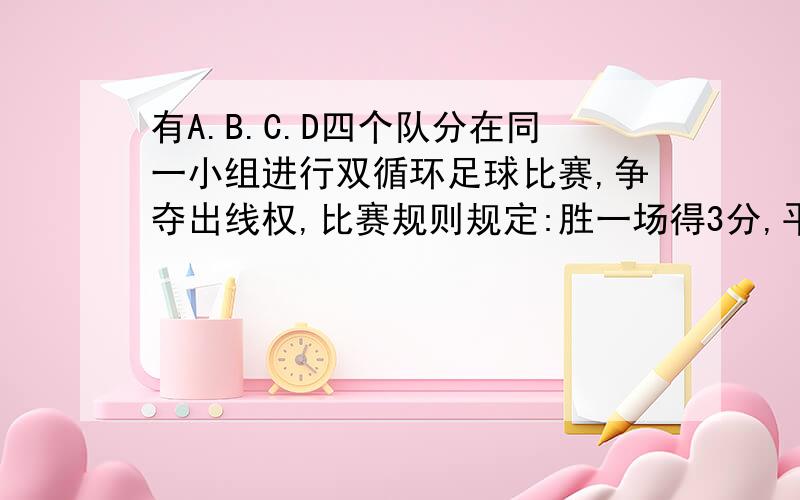 有A.B.C.D四个队分在同一小组进行双循环足球比赛,争夺出线权,比赛规则规定:胜一场得3分,平一场得1分,负一场得0分