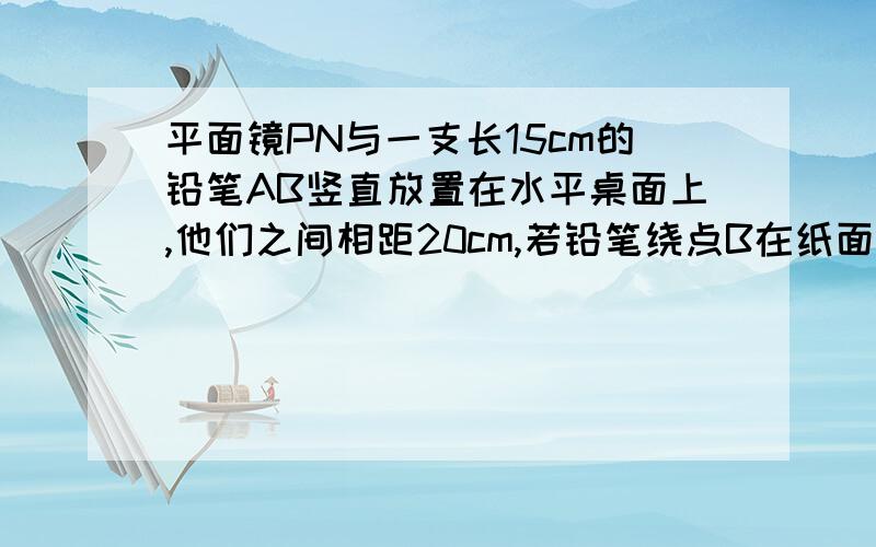 平面镜PN与一支长15cm的铅笔AB竖直放置在水平桌面上,他们之间相距20cm,若铅笔绕点B在纸面逆时针方向转过