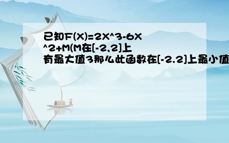 已知F(X)=2X^3-6X^2+M(M在[-2,2]上有最大值3那么此函数在[-2.2]上最小值为