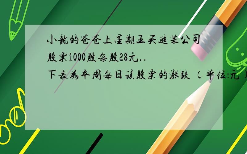 小龙的爸爸上星期五买进某公司股票1000股每股28元..下表为本周每日该股票的涨跌 （单位：元)