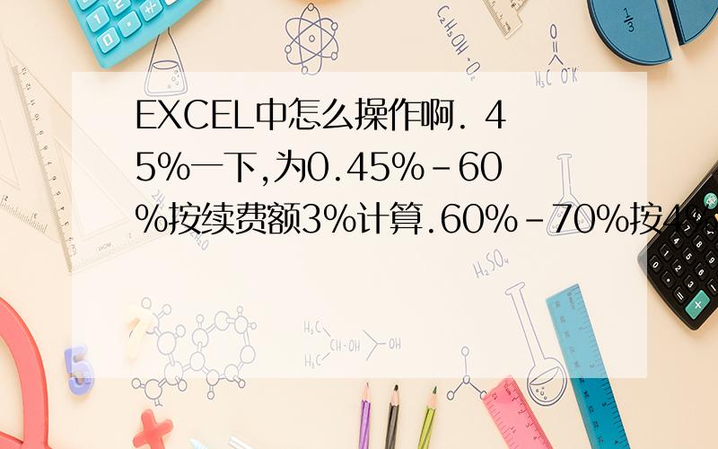 EXCEL中怎么操作啊. 45%一下,为0.45%-60%按续费额3%计算.60%-70%按4%,70%-80%按5%,