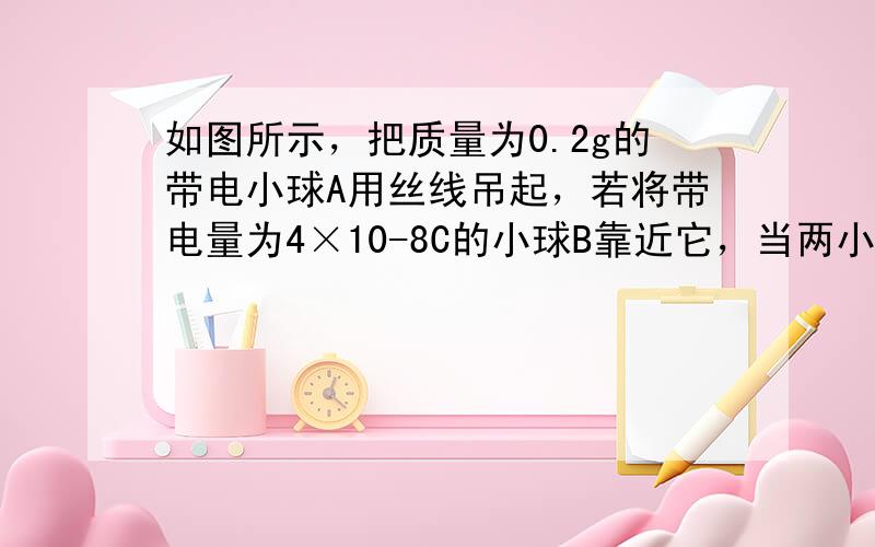 如图所示，把质量为0.2g的带电小球A用丝线吊起，若将带电量为4×10-8C的小球B靠近它，当两小球在同一高度相距3cm