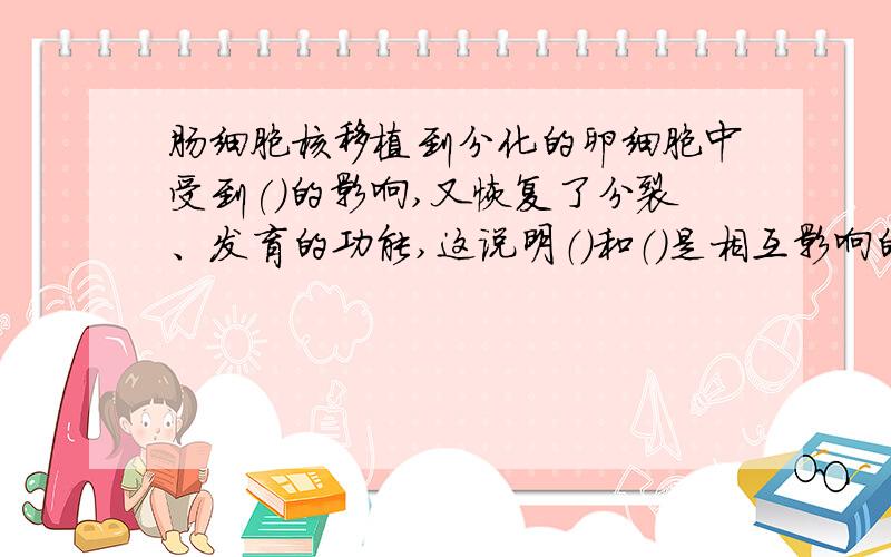 肠细胞核移植到分化的卵细胞中受到()的影响,又恢复了分裂、发育的功能,这说明（）和（）是相互影响的