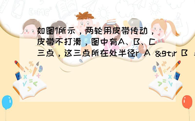 如图1所示，两轮用皮带传动，皮带不打滑，图中有A、B、C三点，这三点所在处半径r A >r B ＝r C ，则这三