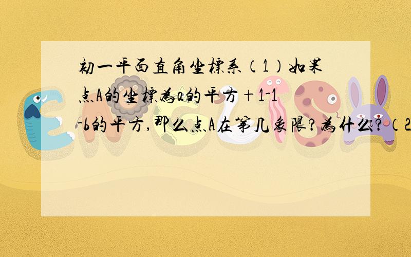 初一平面直角坐标系（1）如果点A的坐标为a的平方+1-1-b的平方,那么点A在第几象限?为什么?（2）如果点A（t-3s