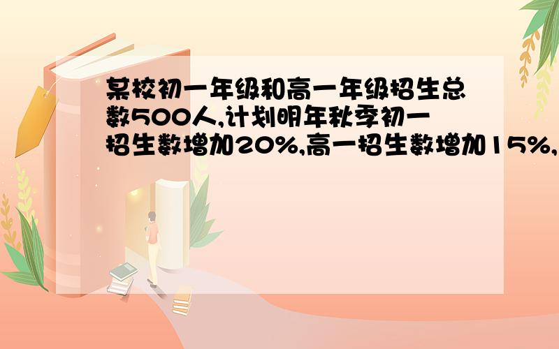 某校初一年级和高一年级招生总数500人,计划明年秋季初一招生数增加20%,高一招生数增加15%,这样2010年秋季初一高