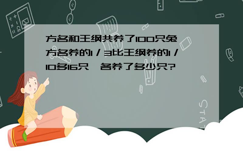 方名和王纲共养了100只兔,方名养的1／3比王纲养的1／10多16只,各养了多少只?