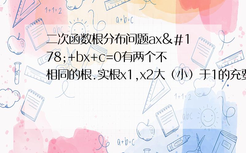 二次函数根分布问题ax²+bx+c=0有两个不相同的根.实根x1,x2大（小）于1的充要条件之一有△＞0,而下