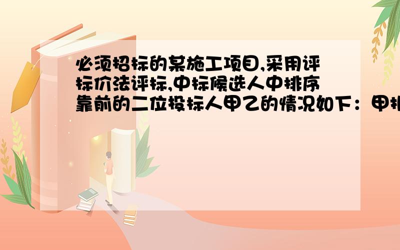 必须招标的某施工项目,采用评标价法评标,中标候选人中排序靠前的二位投标人甲乙的情况如下：甲报价1000万元,评标价950