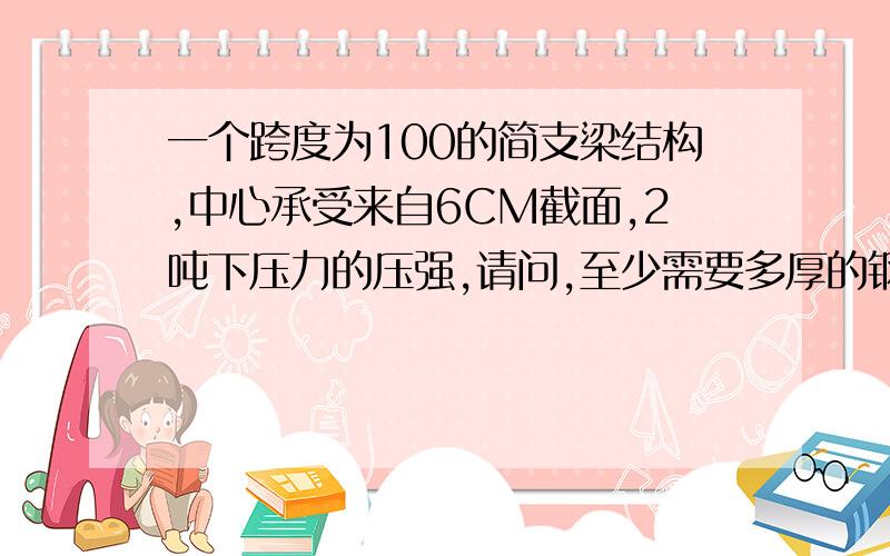 一个跨度为100的简支梁结构,中心承受来自6CM截面,2吨下压力的压强,请问,至少需要多厚的钢板才行.