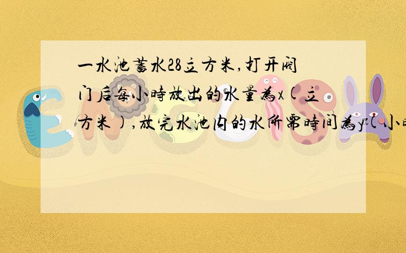 一水池蓄水28立方米,打开阀门后每小时放出的水量为x(立方米),放完水池内的水所需时间为y(小时）