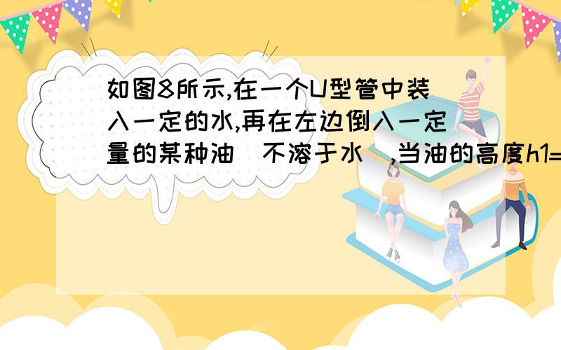 如图8所示,在一个U型管中装入一定的水,再在左边倒入一定量的某种油（不溶于水）,当油的高度h1=10cm时,