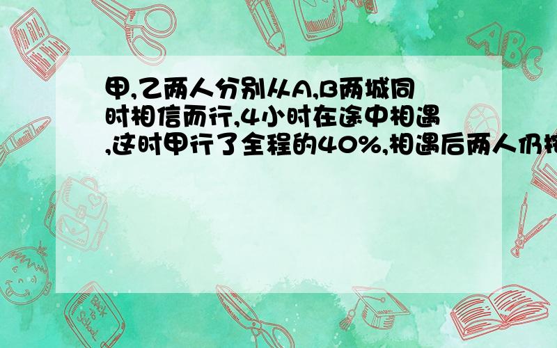 甲,乙两人分别从A,B两城同时相信而行,4小时在途中相遇,这时甲行了全程的40%,相遇后两人仍按原速继续前进.