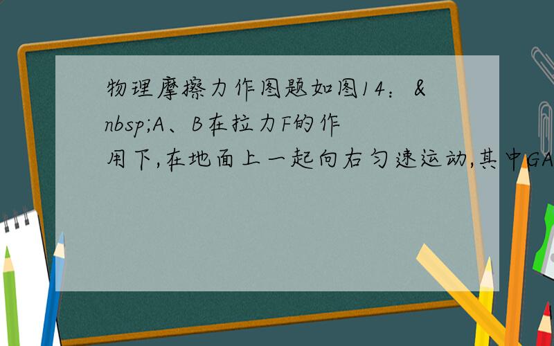 物理摩擦力作图题如图14： A、B在拉力F的作用下,在地面上一起向右匀速运动,其中GA=10N,GB＝20N,