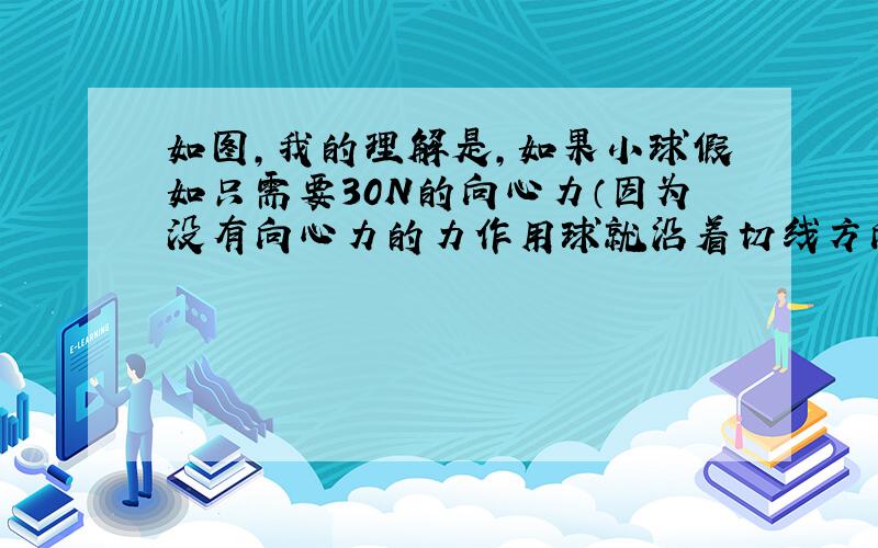 如图,我的理解是,如果小球假如只需要30N的向心力（因为没有向心力的力作用球就沿着切线方向飞出去了）,当球到达最高点的时