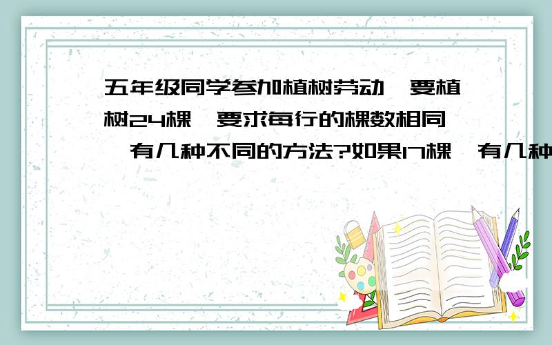 五年级同学参加植树劳动,要植树24棵,要求每行的棵数相同,有几种不同的方法?如果17棵,有几种呢?